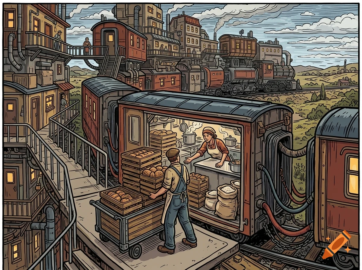 An illustrated steampunk-style scene showing a person delivering crates of bread to a kitchen inside a train car connected to a sprawling industrial train city.