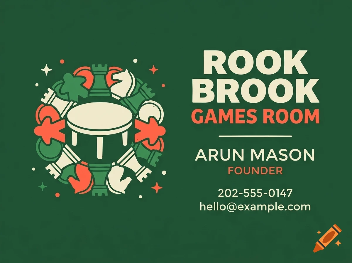 A business card with a green background featuring a circular illustration of game pieces and a table on the left and the text Rook Brook Games Room Arun Mason Founder 202-555-0147 hello@example.com on the right.