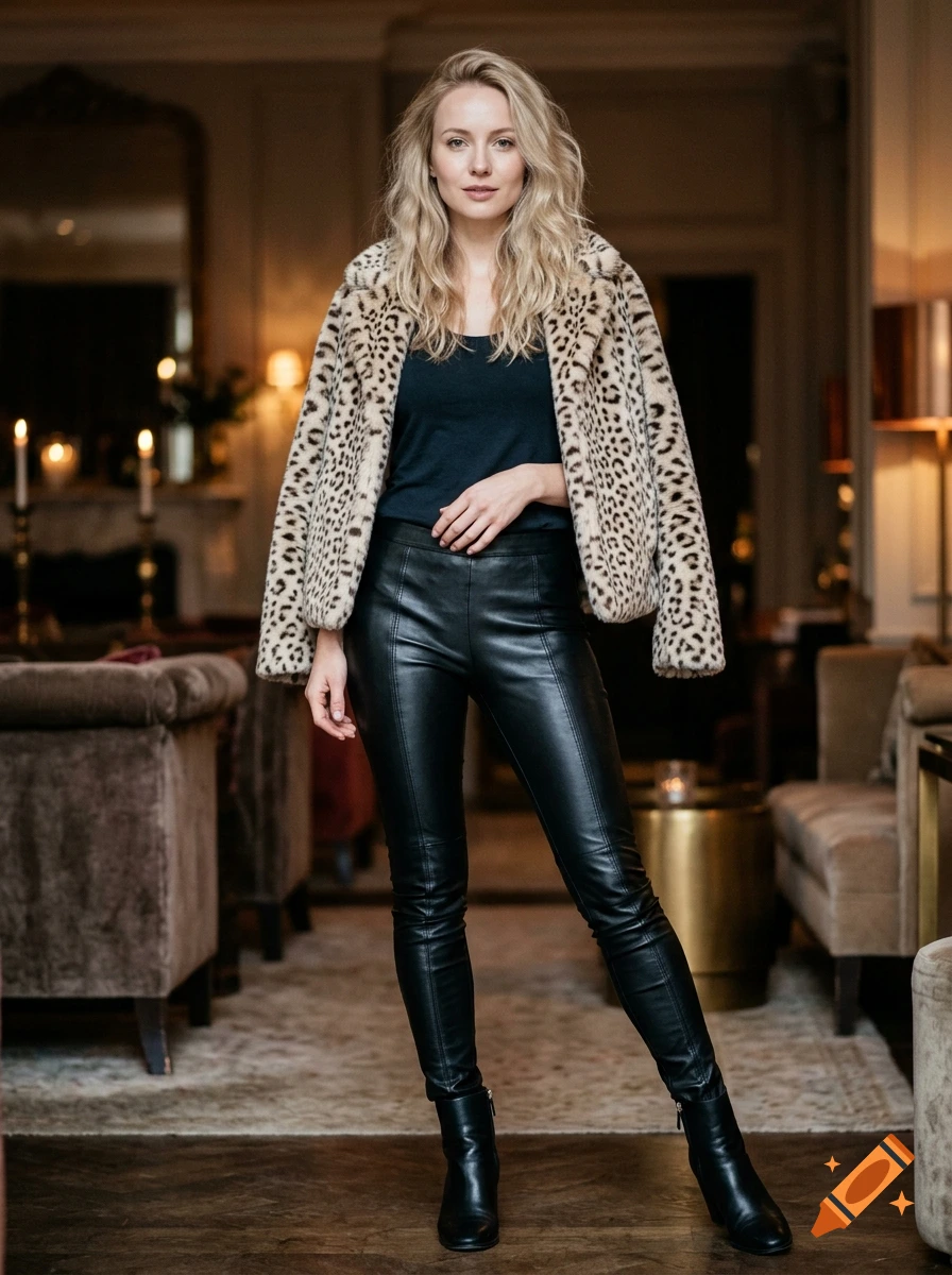 Photorealistic full-body portrait of a blonde woman wearing a black top, leather leggings, and a leopard-print fur jacket indoors.