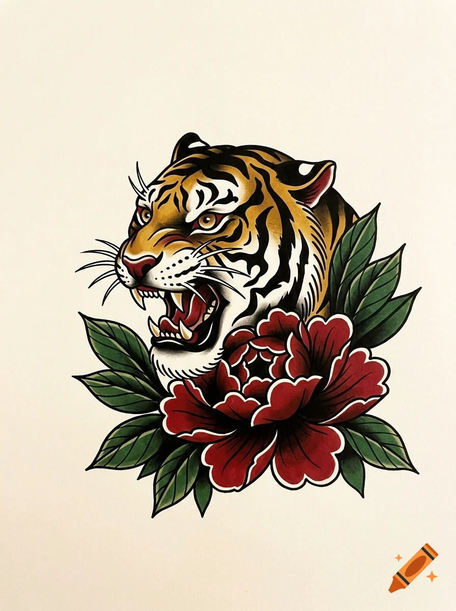 An illustration of a snarling tiger head surrounded by green leaves and a red flower.