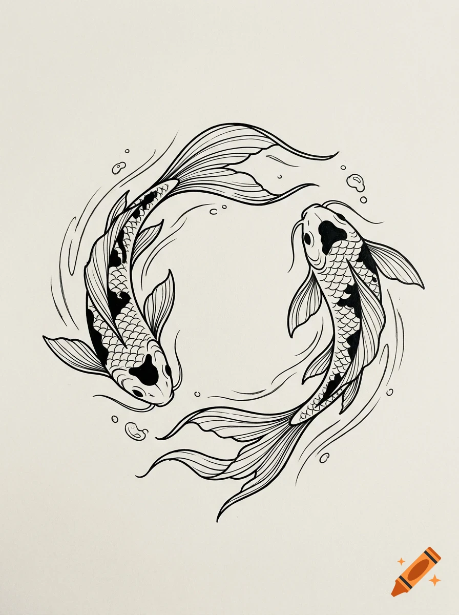 Black and white ink drawing of two koi fish swimming in a circle, creating a water ripple effect.