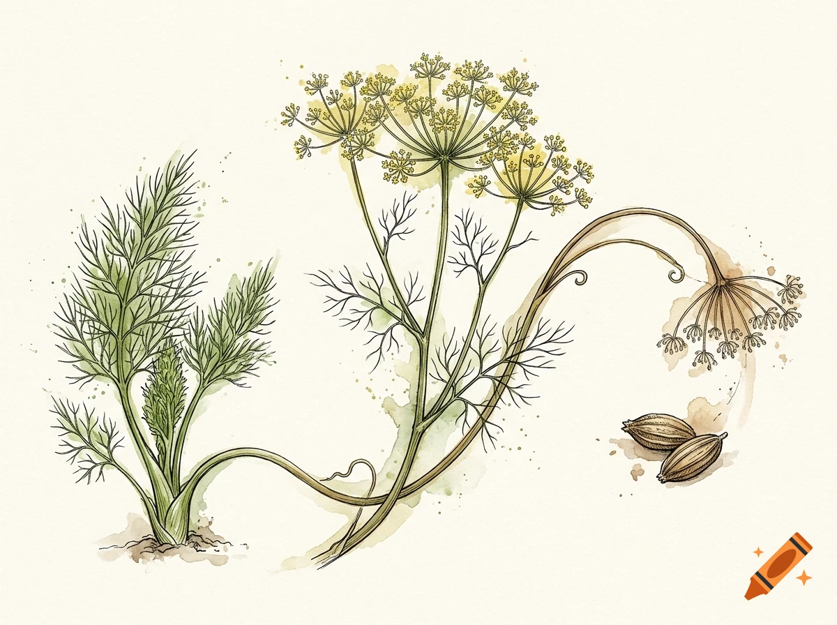 Botanical illustration of a dill plant with feathery leaves, umbel flowers, and seeds against a plain background.