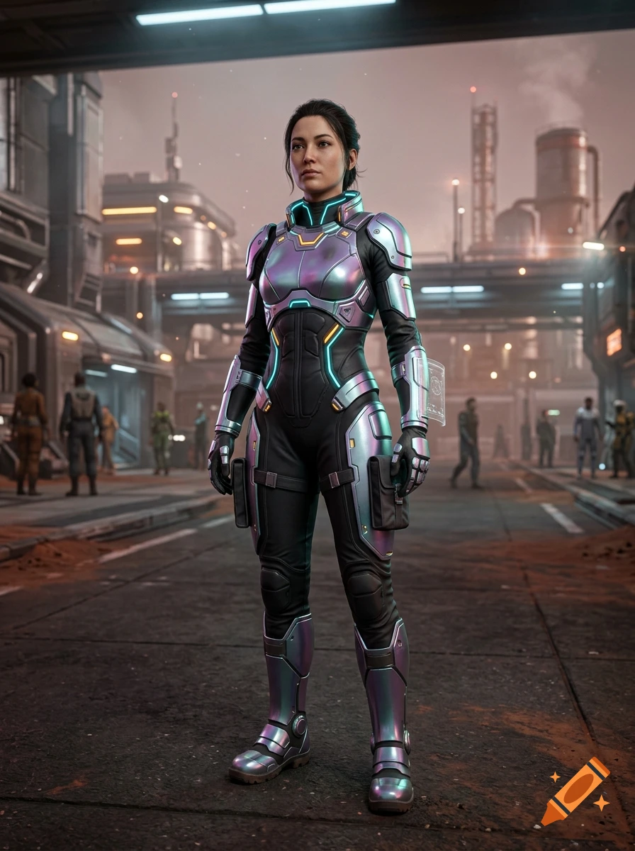 Full-body shot of a woman in Martian tech wear with iridescent chrome plating and neon accents in a futuristic industrial city.