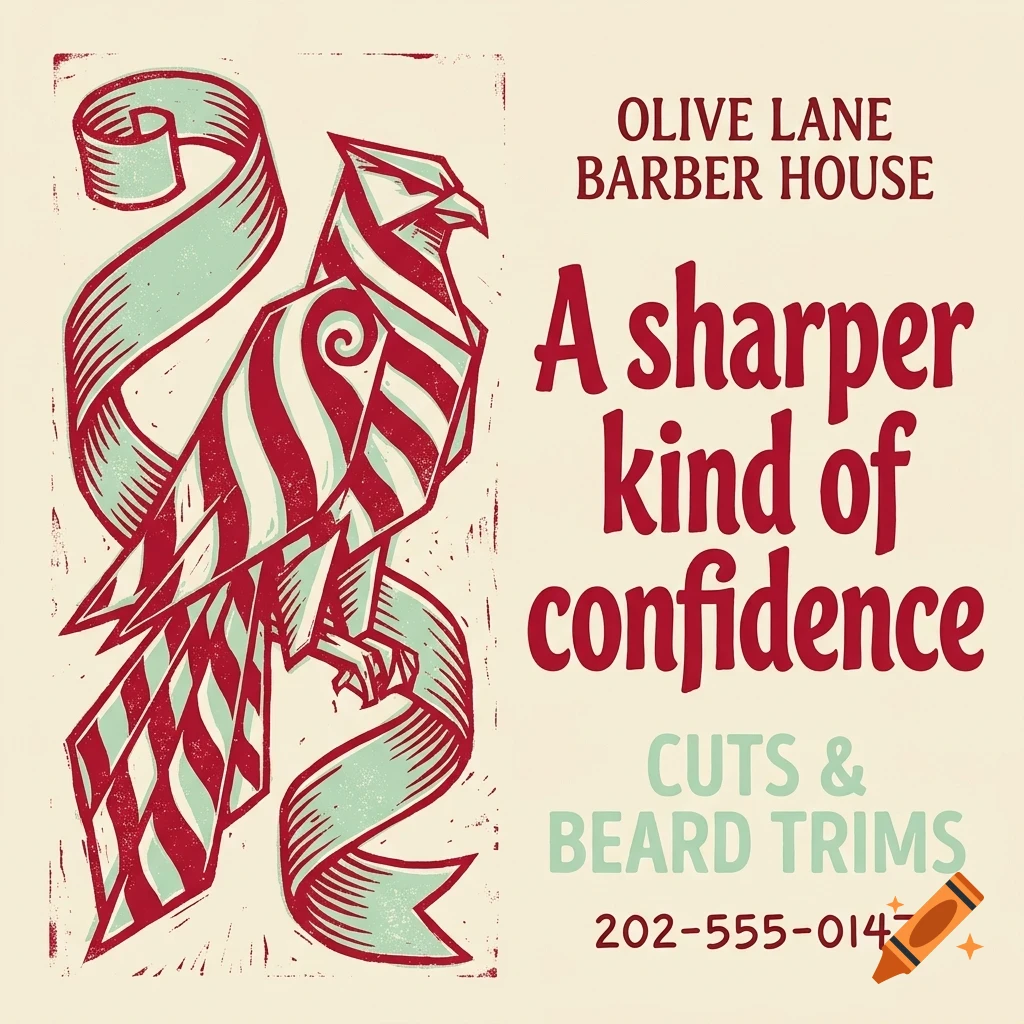 An illustrated red and teal graphic of a hawk alongside text reading Olive Lane Barber House and A sharper kind of confidence.