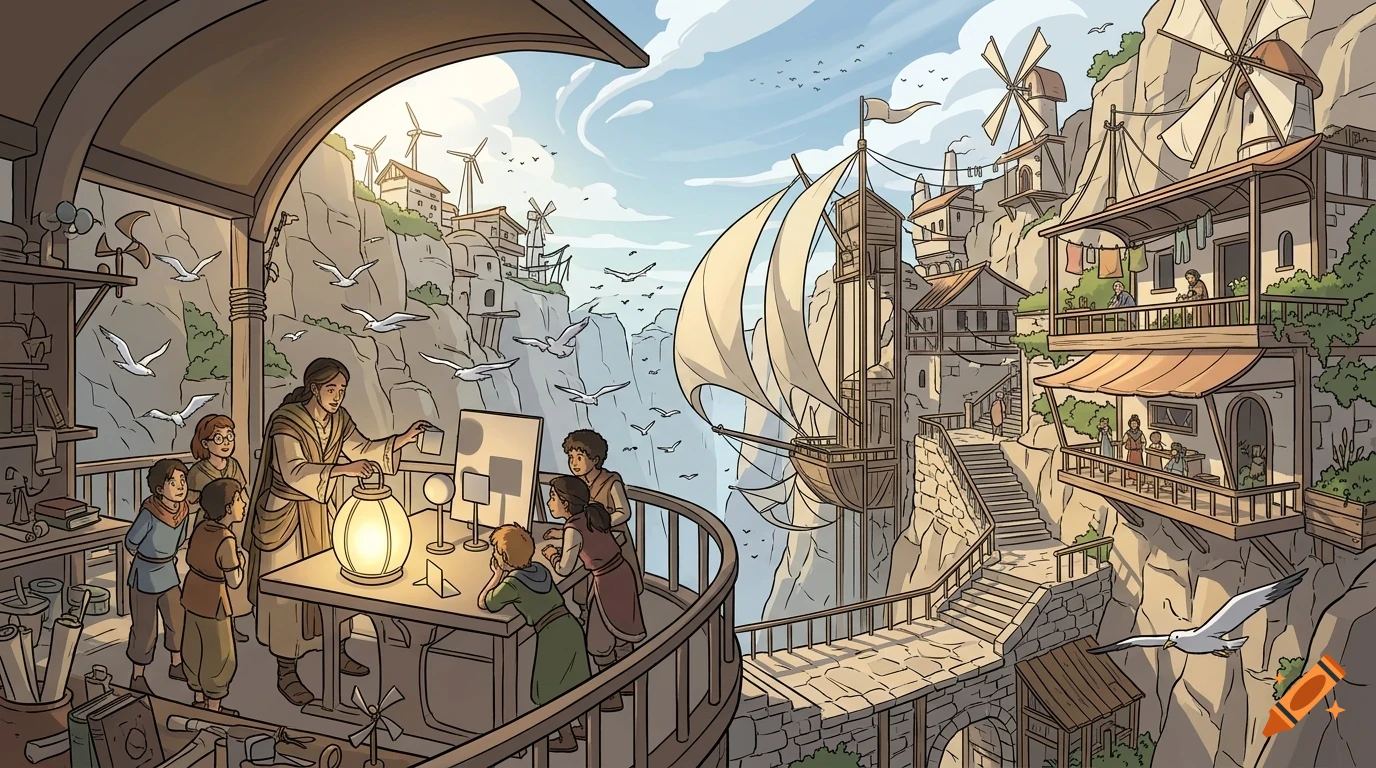 An illustration of a teacher demonstrating light and shadows with a lantern to children on a balcony overlooking a cliffside coastal village.