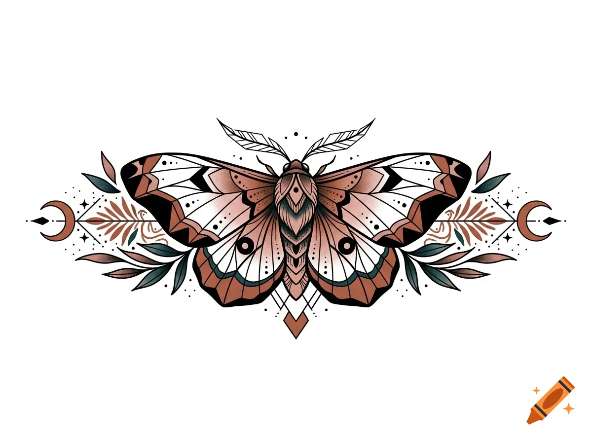 An illustrated ornate moth flanked by leaves and crescent moons against a white background.