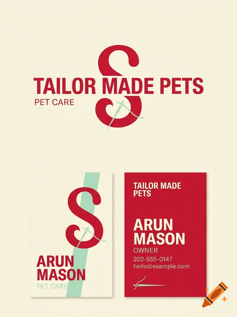 A logo and business card design for Tailor Made Pets, featuring a red letter S with a sewing needle and the name Arun Mason.