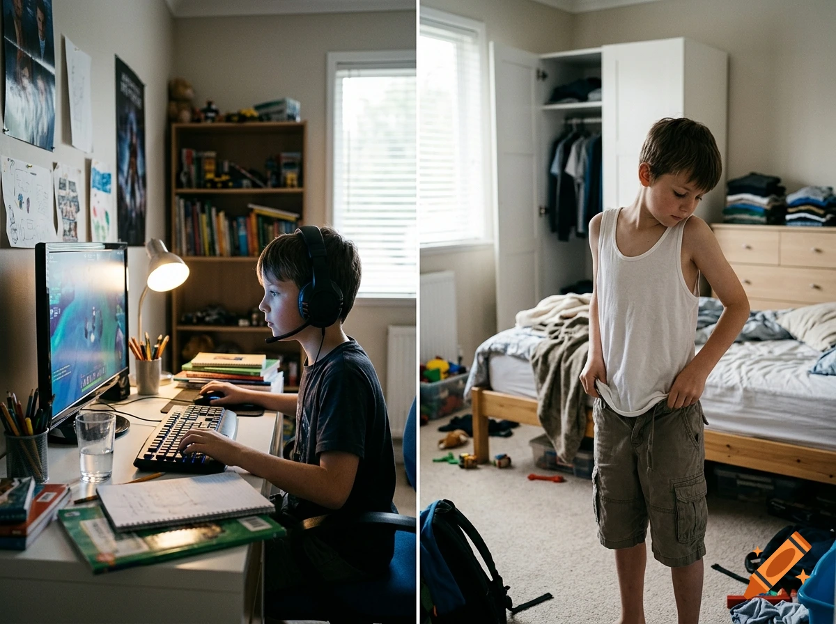 Split image of a young boy playing a computer game with headphones, and the same boy in a bedroom getting dressed.