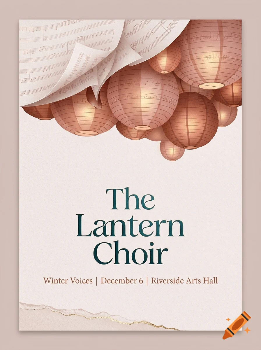A poster with glowing paper lanterns, sheet music, and the text The Lantern Choir Winter Voices December 6 Riverside Arts Hall.