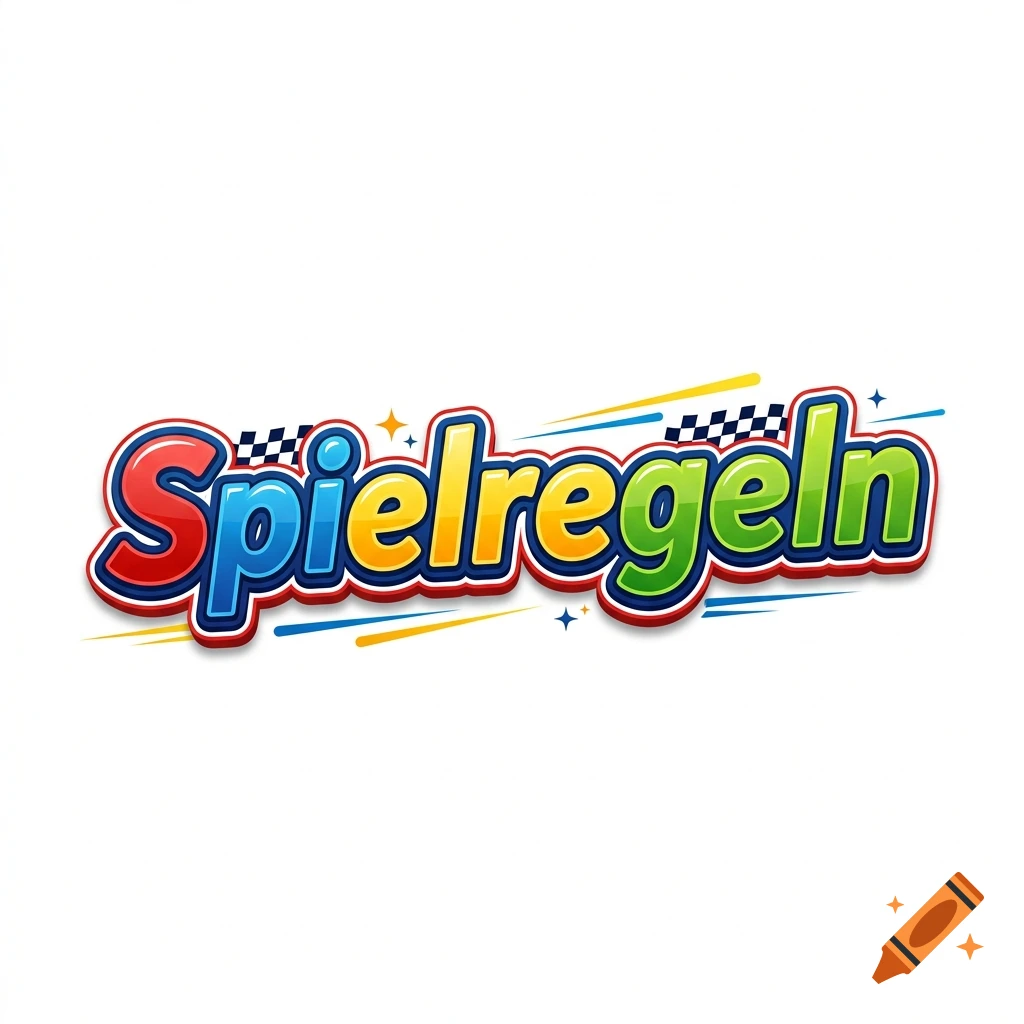 Colorful 3D cartoon style text saying Spielregeln with checkered flag details on a white background