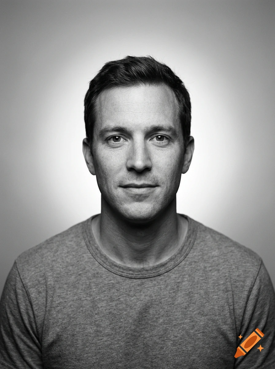 Black and white studio portrait of a man with short hair wearing a t-shirt against a gradient background.