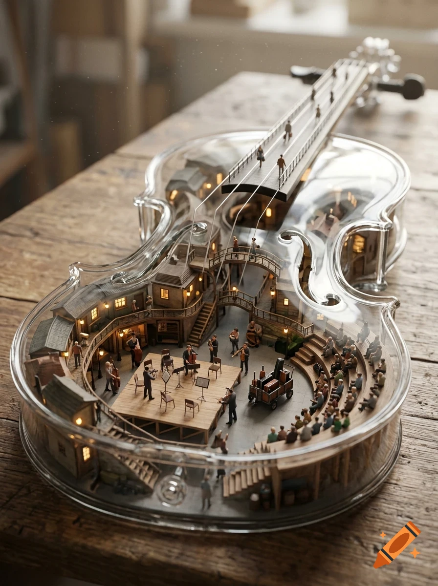 A transparent glass violin on a wooden table, its interior crafted into a miniature village with tiny houses, figures, and an orchestra performing inside.