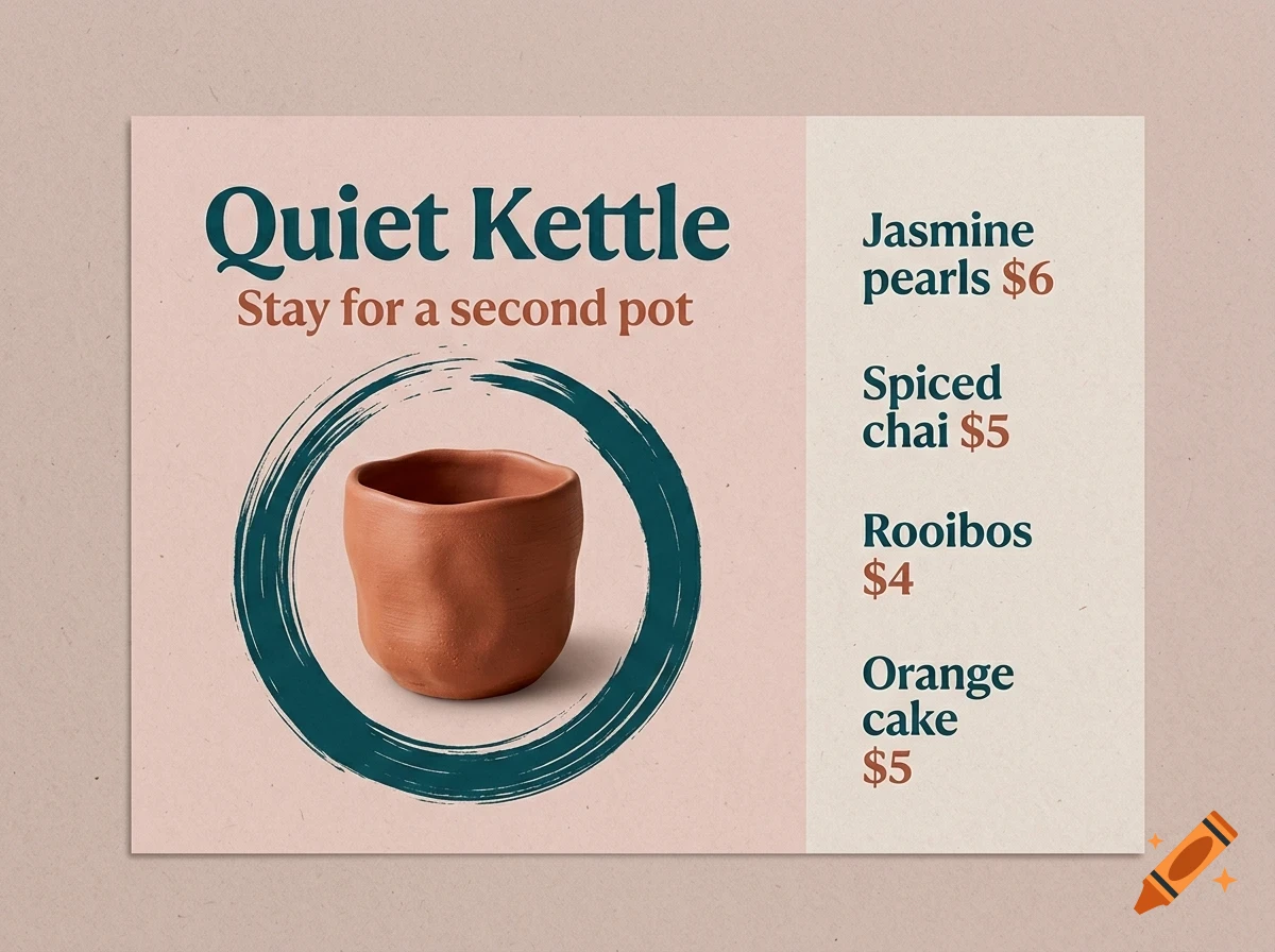 A menu design for Quiet Kettle featuring a clay cup graphic, a brushstroke circle, and tea and cake pricing.