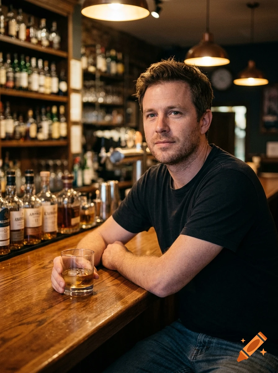 Photorealistic medium shot of a man sitting at a wooden bar holding a glass of whiskey, with liquor bottles on shelves in the background.