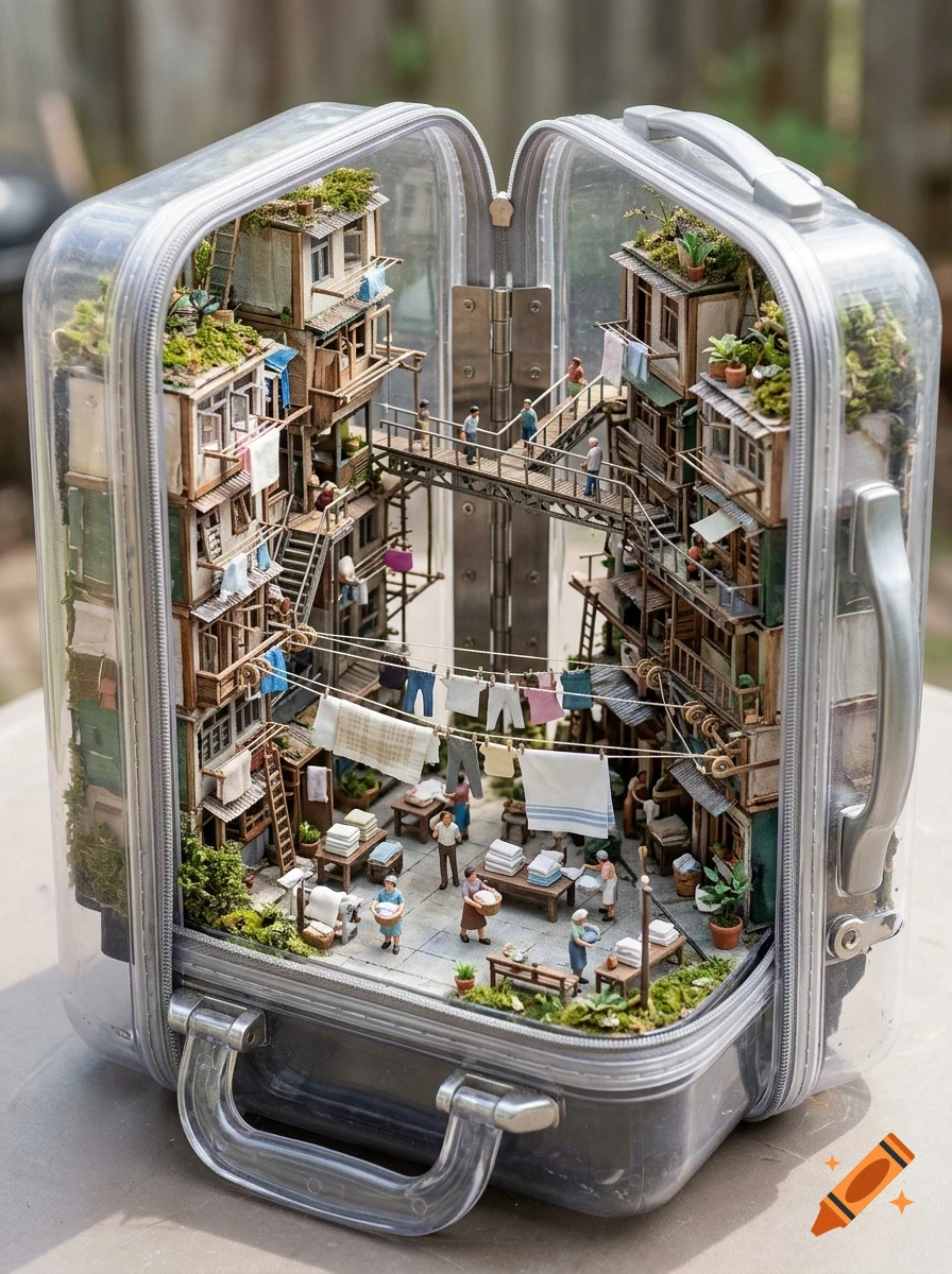 A detailed miniature diorama inside a clear plastic suitcase showing multi-story buildings, tiny figures, and clotheslines.