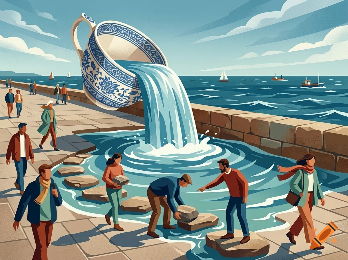 An oversized porcelain teacup pours water onto a paved walkway by the sea, where people walk and step on stones in the water.