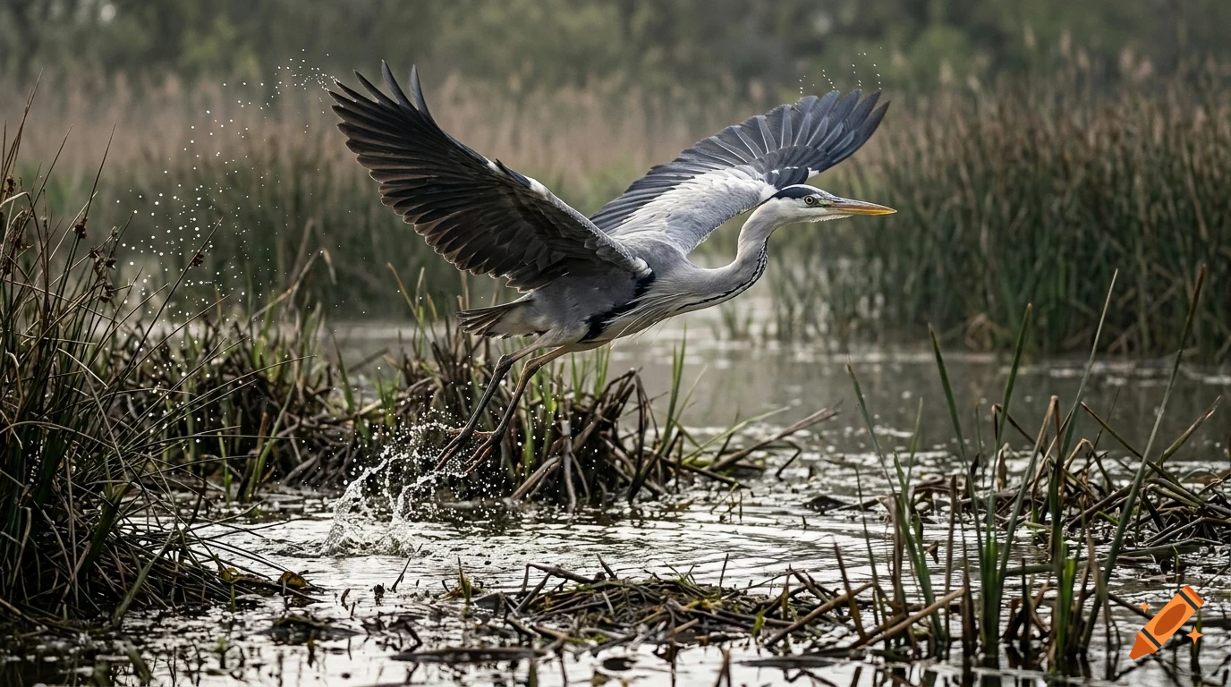 A grey heron takes flight from a shallow wetland, splashing water as it lifts off surrounded by reeds and tall grass.
