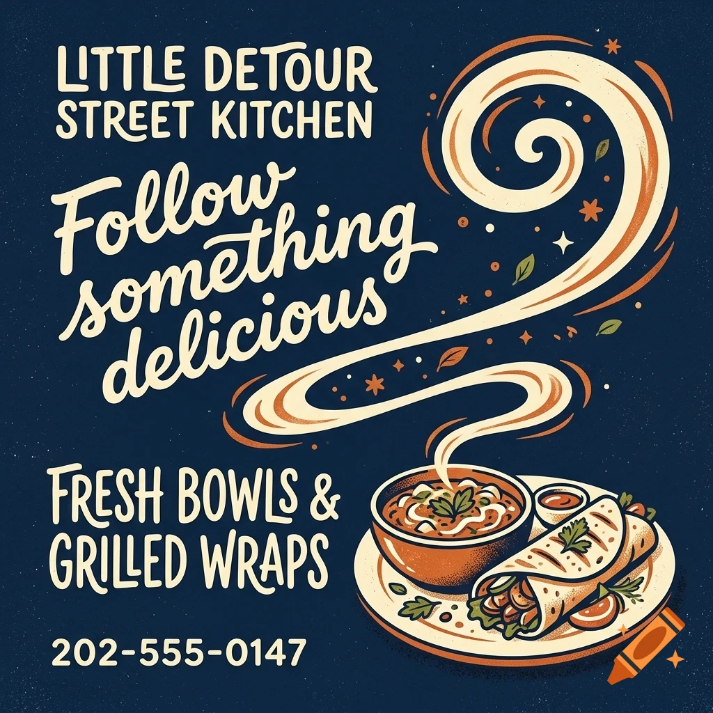 An illustration of a food plate with soup and a wrap, accompanied by stylized lettering and swirling steam on a dark blue background.