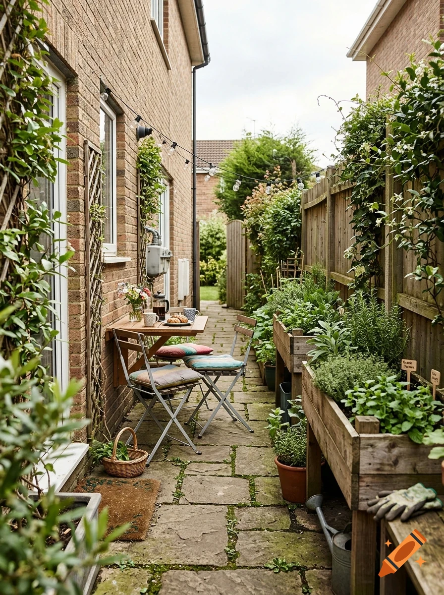 A narrow stone patio between brick and wooden fences features a small wooden table, two chairs, and planter boxes filled with lush green plants.