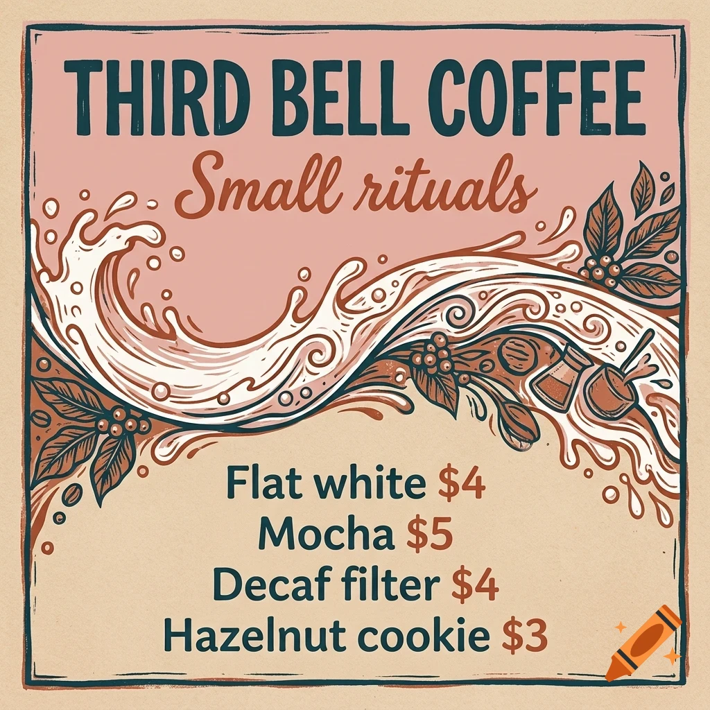 An illustrated coffee shop sign with the text Third Bell Coffee, splashing milk, and a price list.