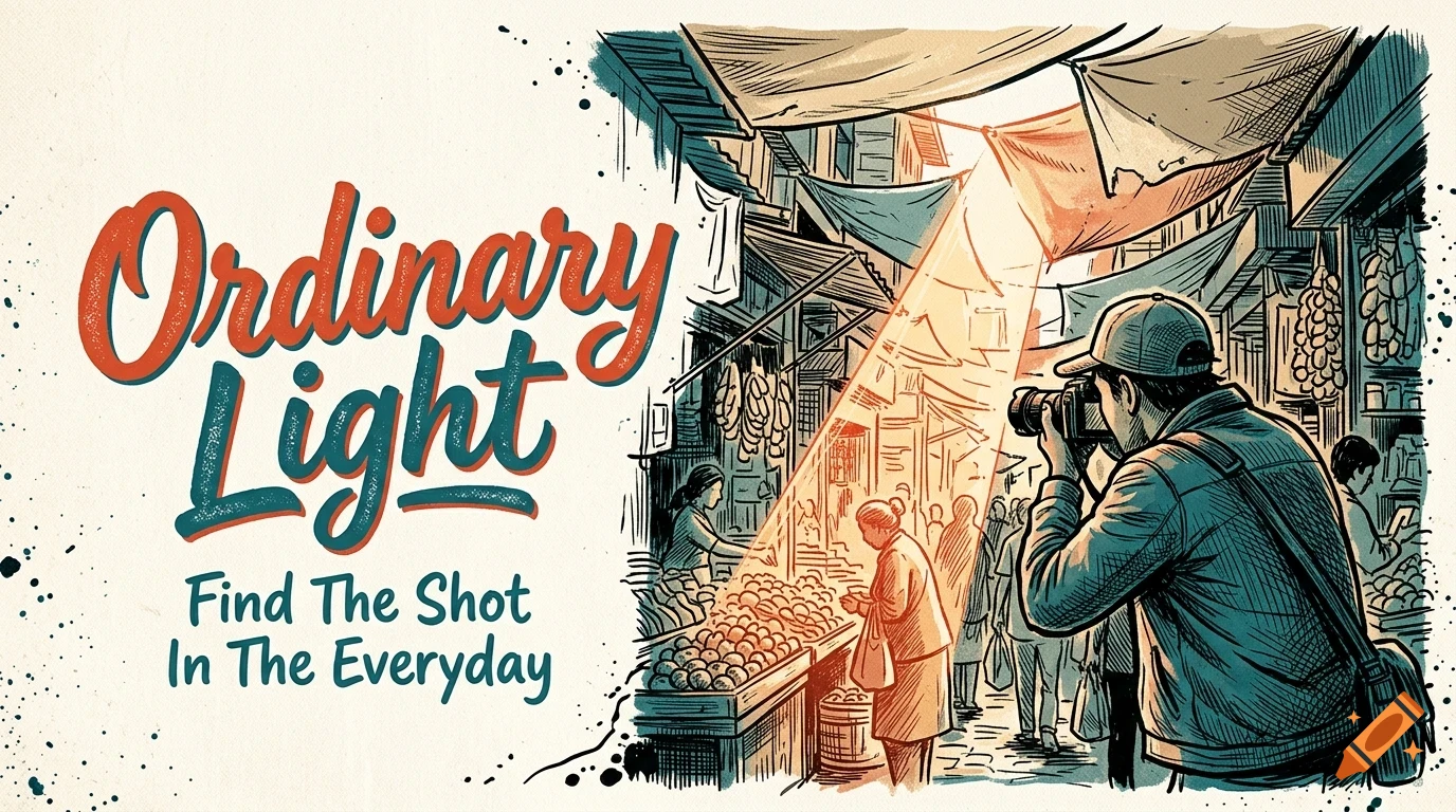 An illustrated street scene featuring a person taking photos with a camera in a busy marketplace, accompanied by text reading Ordinary Light Find The Shot In The Everyday.