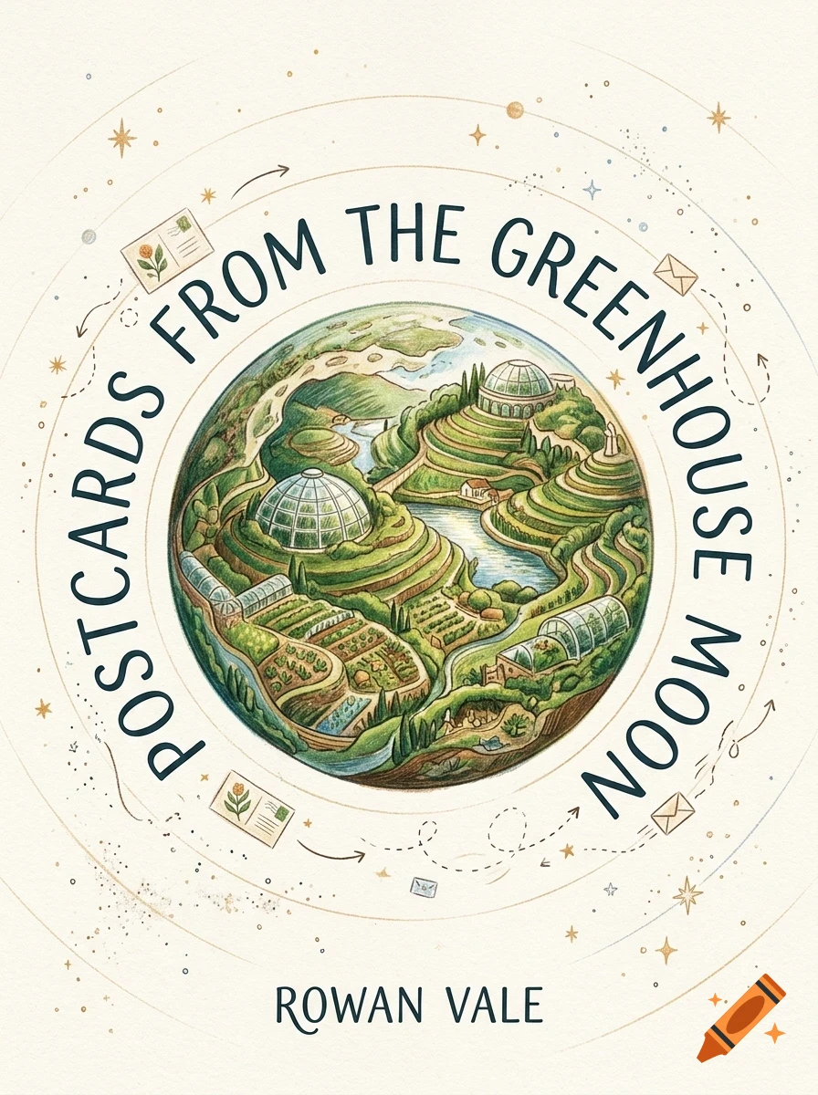 An illustrated book cover depicting a small green world with greenhouses and gardens inside a circular frame, surrounded by celestial elements, small postcard illustrations, and curving text reading Postcards From The Greenhouse Moon by Rowan Vale.