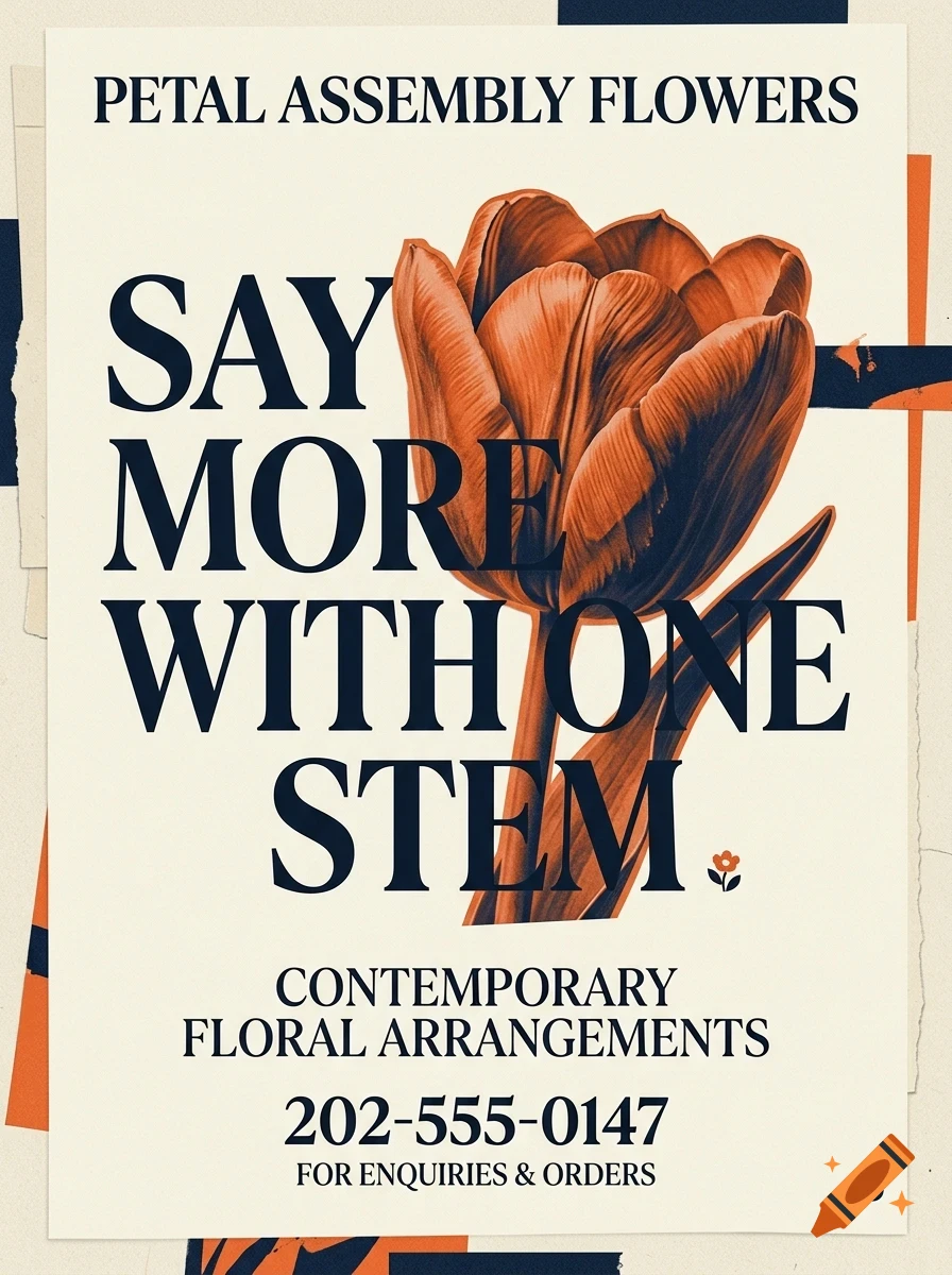 A poster featuring an orange tulip illustration and the text 'PETAL ASSEMBLY FLOWERS SAY MORE WITH ONE STEM'.