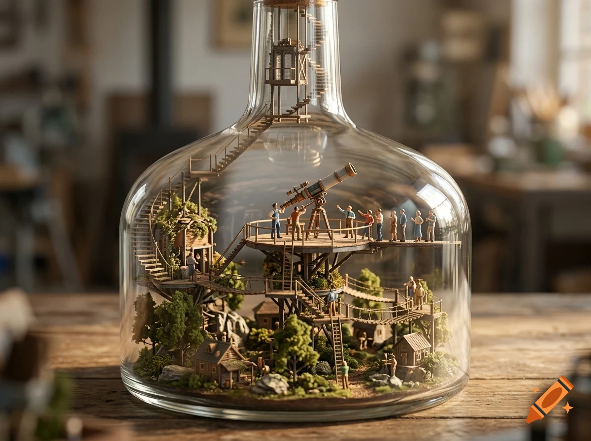 A detailed miniature world inside a large glass bottle, featuring tiny wooden houses, stairs, bridges, trees, and small figures observing through a telescope.