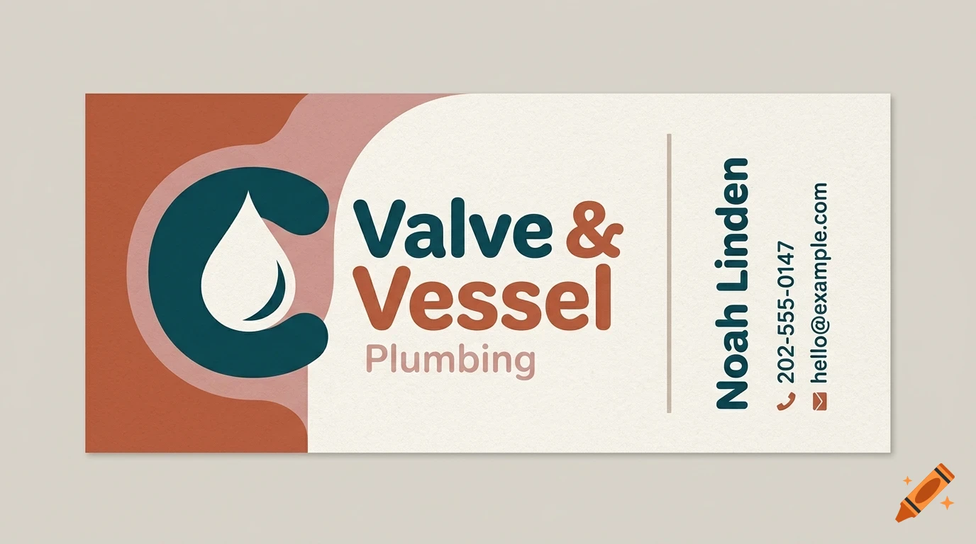 A business card design for Valve & Vessel Plumbing featuring earthy tones, a water drop logo, and contact info.