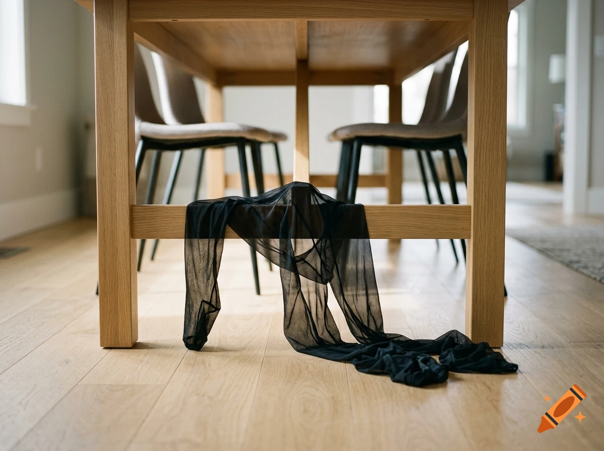 Photorealistic image of black nylon stockings draped over a wooden dining table leg in a bright, modern room.