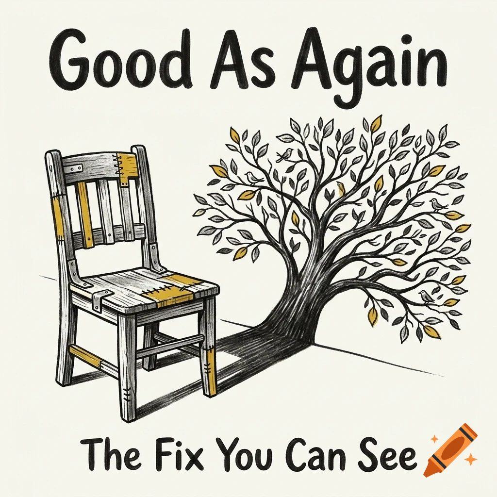 An illustration of a patched wooden chair casting a shadow that turns into a leafy tree, with the text 'Good As Again' and 'The Fix You Can See'.