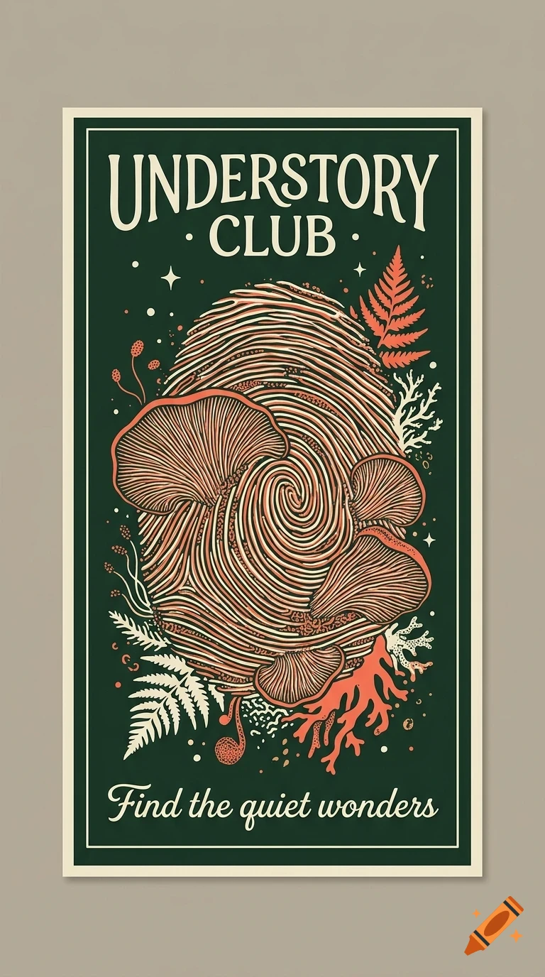 An illustrated poster featuring a fingerprint intertwined with mushrooms, ferns, and coral elements, with the text Understory Club and Find the quiet wonders.