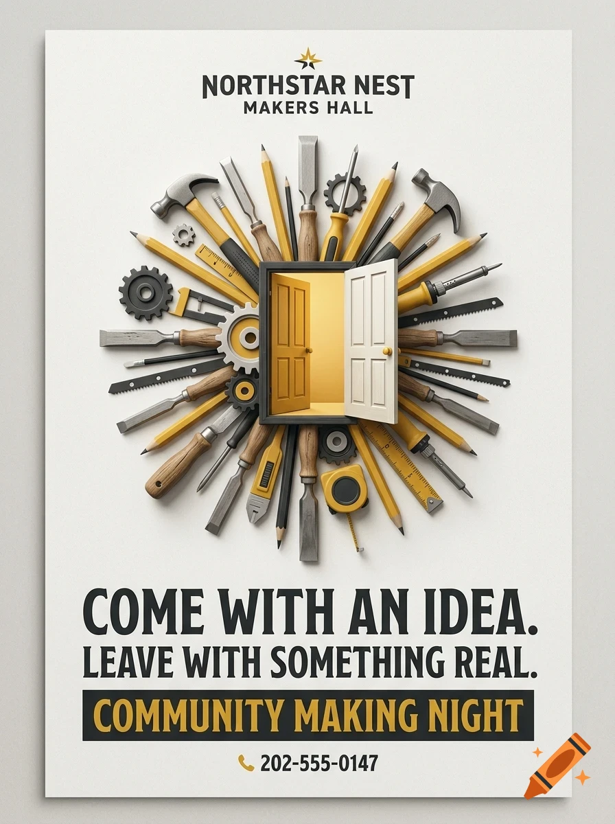 A poster for Northstar Nest Makers Hall featuring a central open door surrounded by tools arranged in a circle, with text reading 'Come with an idea. Leave with something real.'