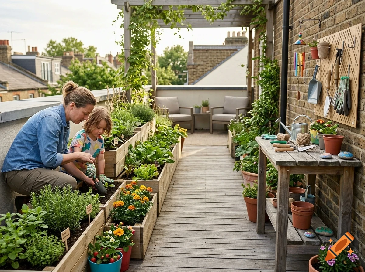 A woman and a child gardening in wooden planters on a rooftop terrace.