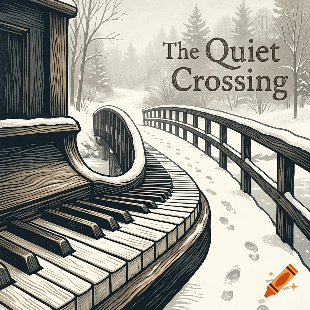 An illustrative winter scene showing a snowy landscape with a wooden bridge where piano keys form the path, under a snowy forest backdrop and text reading The Quiet Crossing.