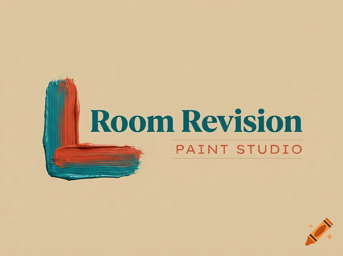 A logo for Room Revision Paint Studio featuring teal and orange brush strokes forming an abstract shape next to dark teal and orange text.