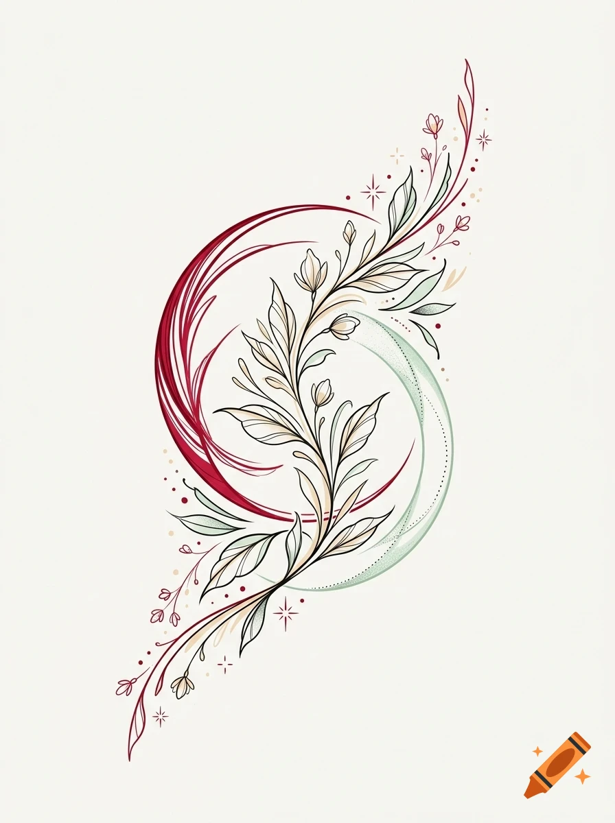 An artistic line drawing of botanical branches adorned with leaves and flowers, framed by curved red and green abstract lines against a plain light background.