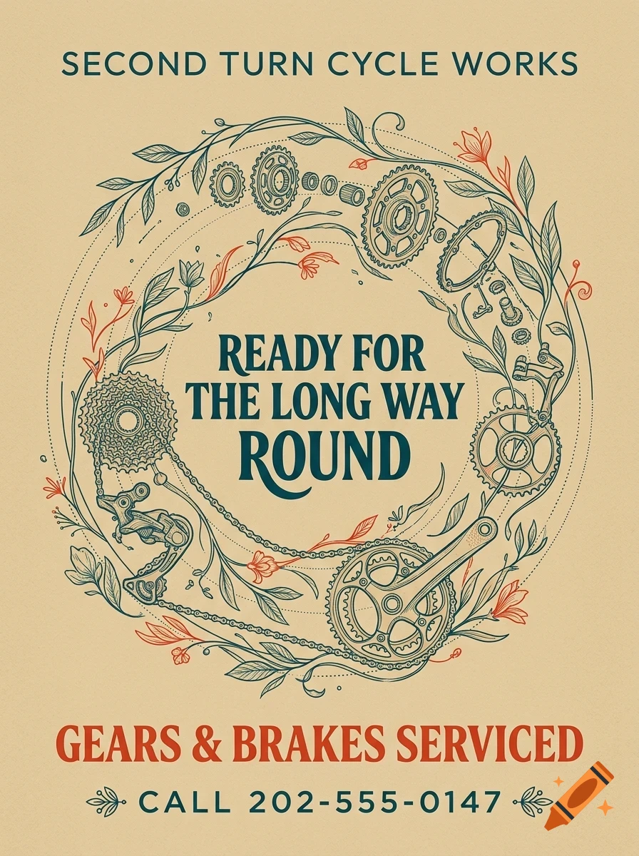 An illustrated poster for Second Turn Cycle Works featuring bicycle gears and vines forming a circular frame around text ready for the long way round.