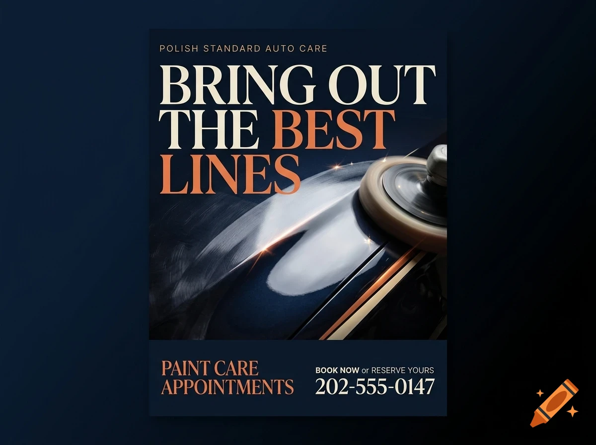 An advertisement for auto care showing a car being polished, with text reading Bring Out The Best Lines.