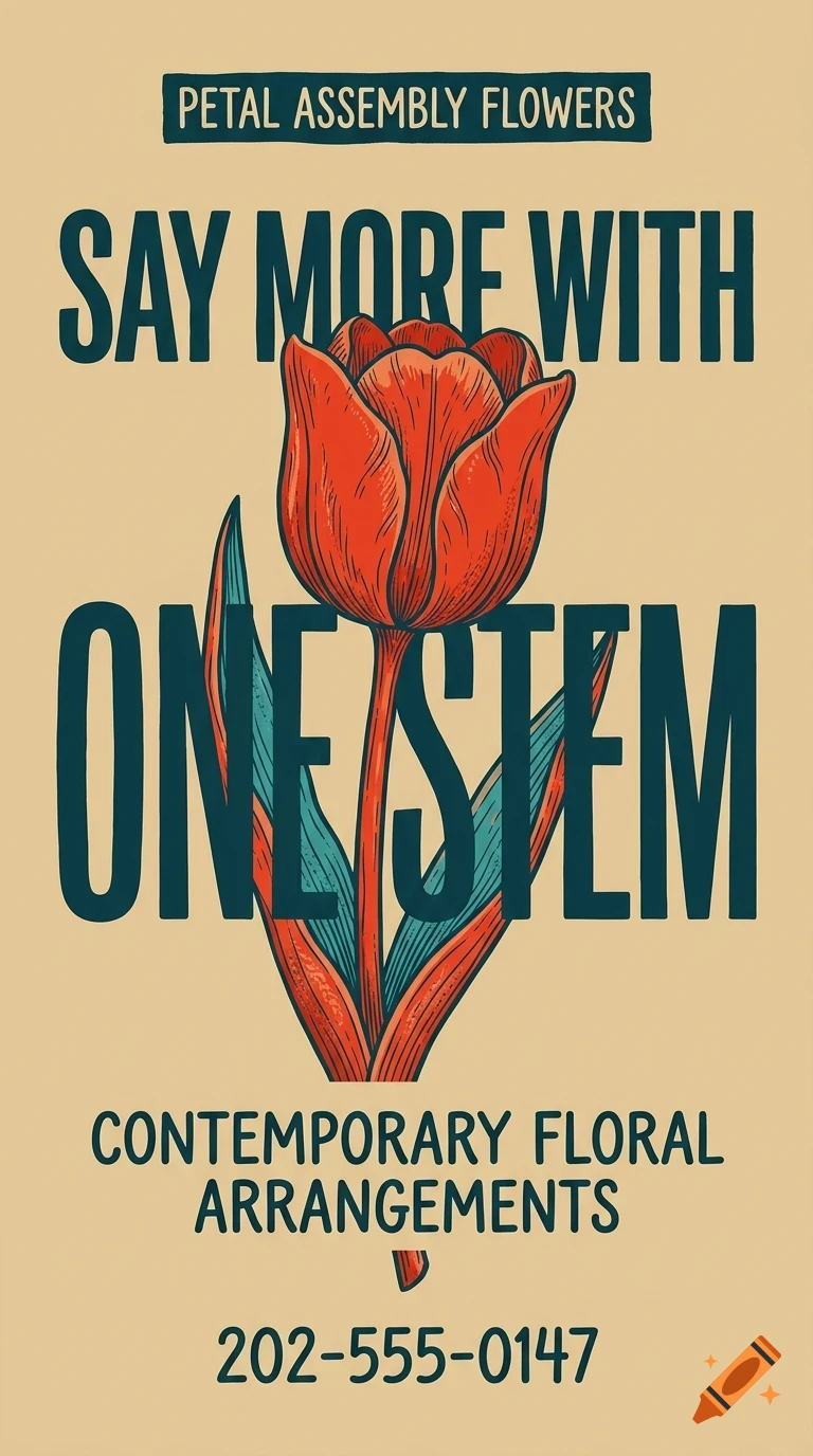 An illustration of a red tulip with green leaves, accompanied by bold lettering that reads "SAY MORE WITH ONE STEM".