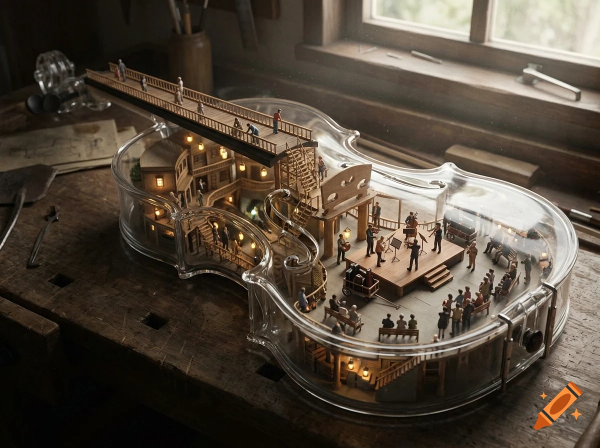 A miniature world inside a transparent violin body resting on a wooden workbench, featuring tiny buildings, people, and a musical ensemble performing on stage.