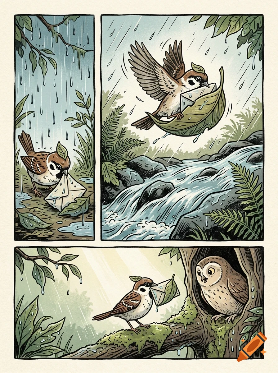 A comic strip showing a small sparrow delivering an envelope in a rainy forest, eventually giving it to an owl in a hollow tree.