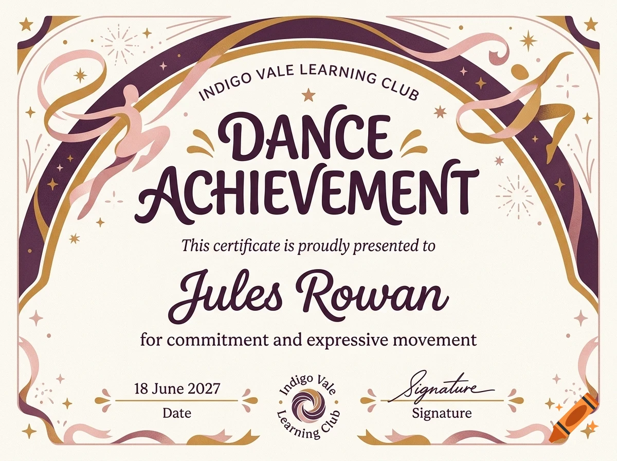 An illustrated dance achievement certificate with retro styling, featuring decorative borders, dancing figures, and bold text.