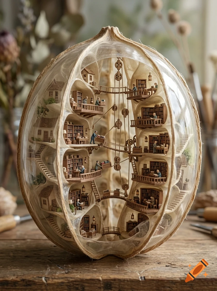 A miniature library and multi-level village built inside a hollowed-out walnut shell, featuring tiny wooden bookshelves, houses, bridges, and miniature people.