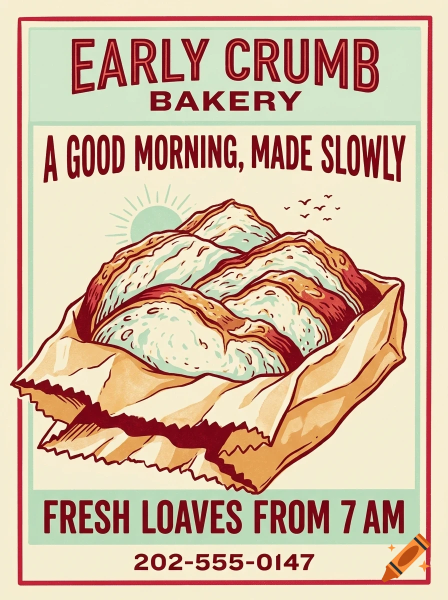 An illustrated poster for Early Crumb Bakery featuring sliced bread in a paper bag, text, a sun, and birds.