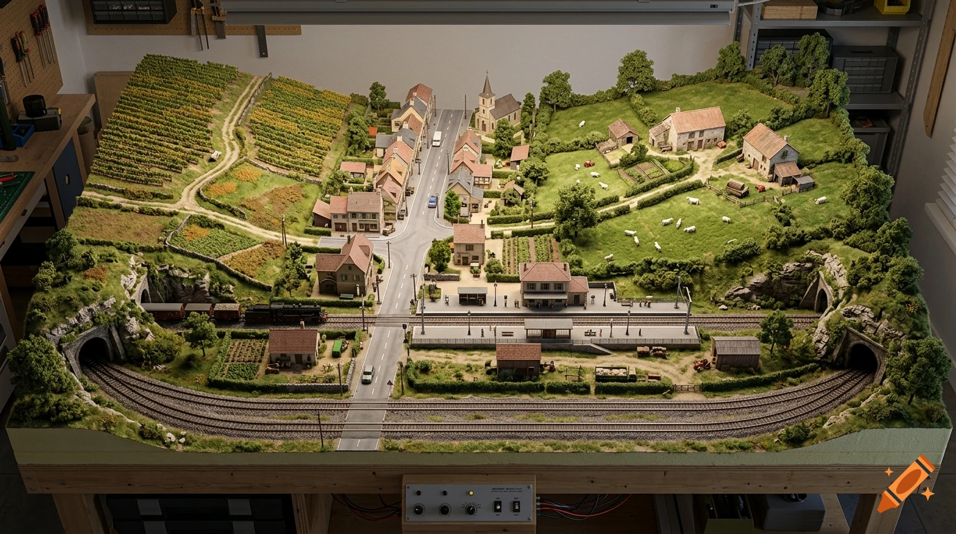Photorealistic overhead view of a large HO scale model train layout with a village, vineyards, and rolling green hills.