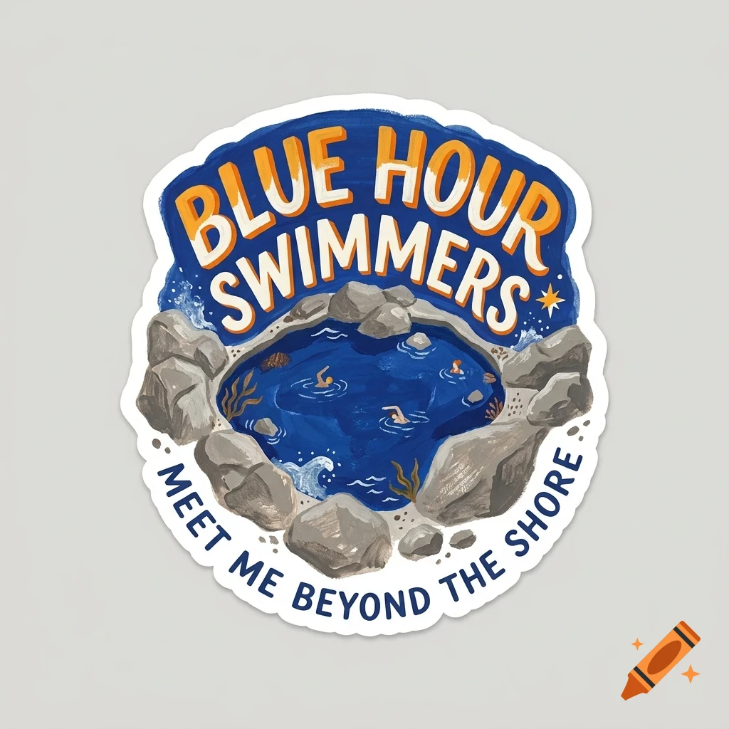An illustrated design with the text 'BLUE HOUR SWIMMERS' and 'MEET ME BEYOND THE SHORE' surrounding a blue pool of water with swimmers and rocks.