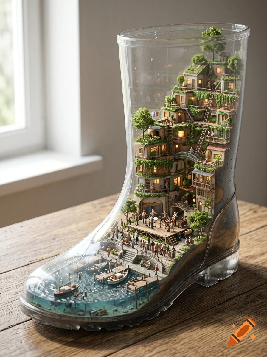 A miniature village built inside a transparent rain boot, featuring tiny houses, a harbor with boats, and people gathered at a stage.
