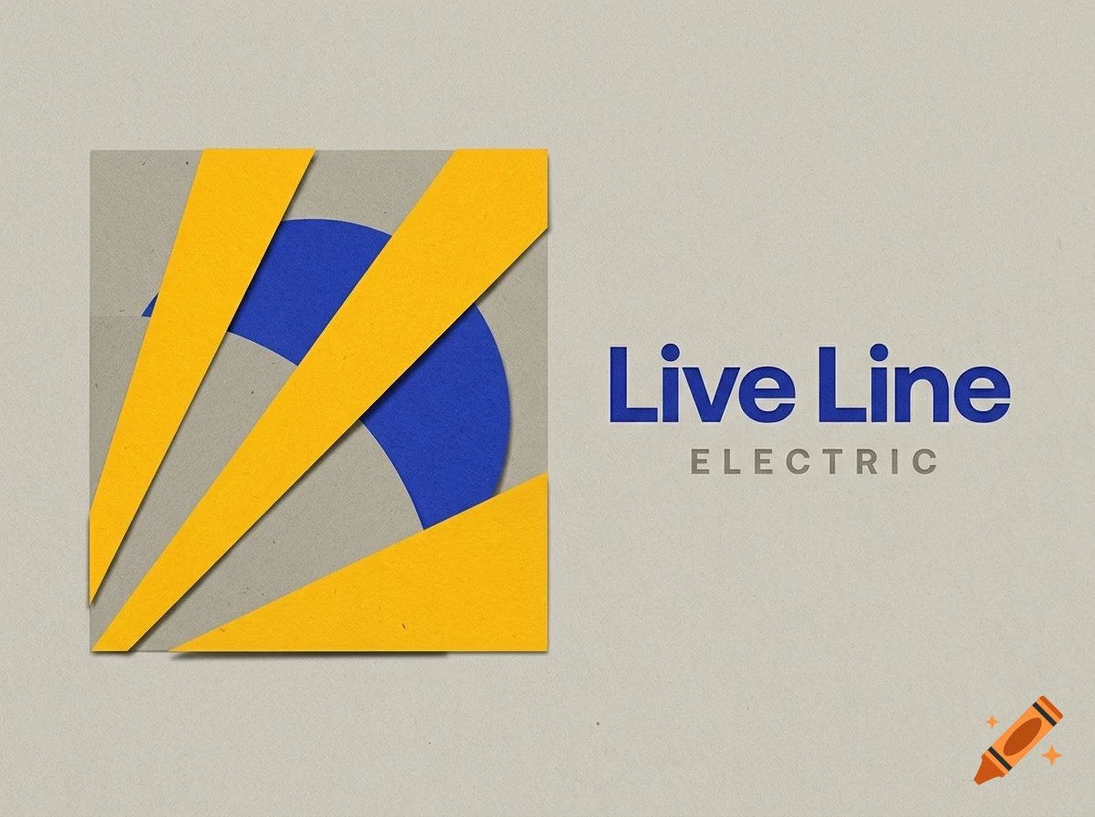 A logo design with yellow paper-cut triangles and a blue circle on gray background, accompanied by the text Live Line Electric.