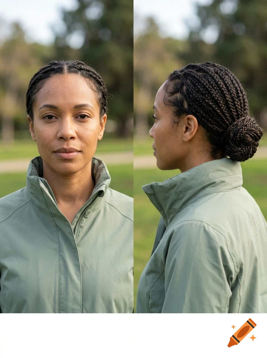 Front and side profile portraits of a woman with braided hair wearing a green jacket outdoors.